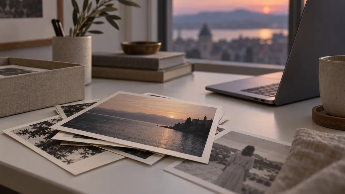 Free image to video AI: printed photographs on a desk beside an open laptop